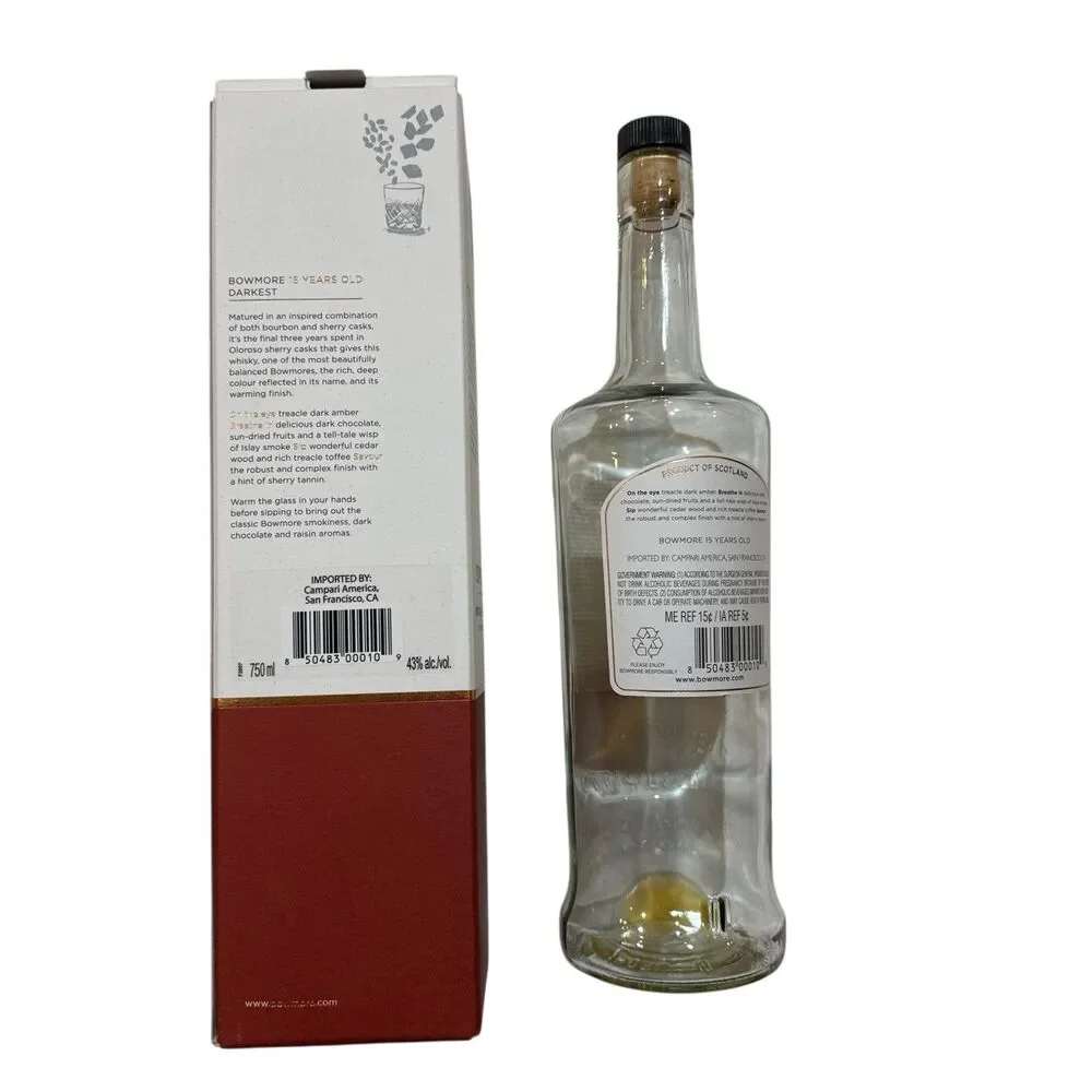 Bowmore Darkest - Empty 15 Year Single Malt Scotch‎ Whisky Bottle, Box + Cork